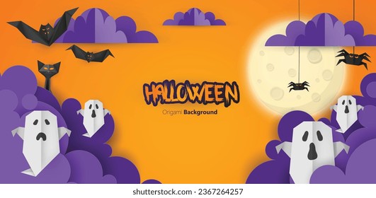 Paper craft style vector design of halloween background. photo realistic illustration.