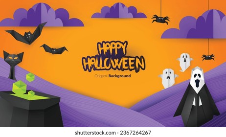 Paper craft style vector design of halloween background. photo realistic illustration.