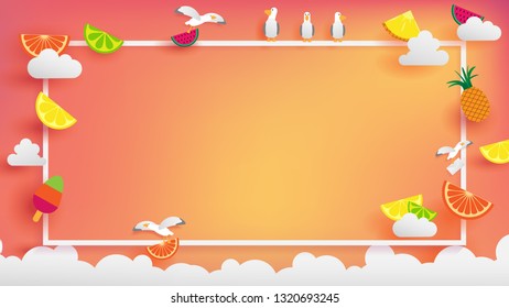 paper craft of Summer background with fruits on orange ray light background and rounding by white border