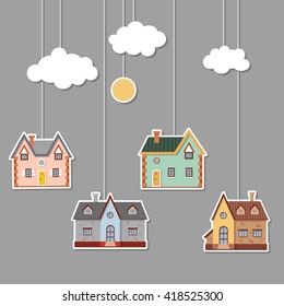 Paper craft theater with 4 cartoon houses, clouds and the moon hanging on ropes. Cute vector buildings on a gray background. Cartoon town illustration