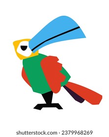 Paper craft of toucan. Kids work of art of fruit eating bird of tropical America with large thin walled beaks. Emoji or emoticon, sticker or personage drawn by children. Vector in flat style