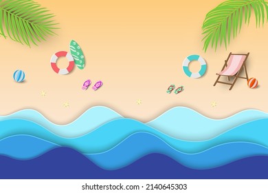 Paper craft tropical beach background,summertime relaxation with view of blue sea and equipment on sand beach,vector illustration