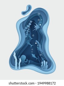 Paper craft underwater with animal in the oceans. World Oceans Day concept. Eps 10 Vector.