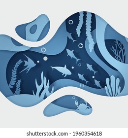 Paper craft underwater with animal in the oceans. World Oceans Day concept. Eps 10 Vector.