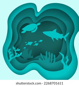 Paper craft underwater ocean cave with fishes and turtle, coral reef, seabed in algae, waves. Diving concept, deep blue marine life. Vector sea wildlife. Decorative design abstract undersea scene