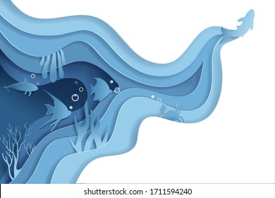 Paper craft underwater sea cave with fishes, crab, seahorse, seabed in algae, waves. World Oceans Day 8 June. Diving concept, eps 10 vector.