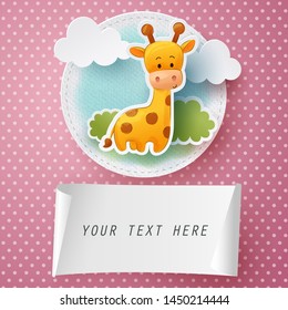 Paper craft of water color giraffe greeting card, vector art and illustration.