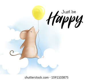 Paper craft of water color mouse with balloon greeting card, vector art and illustration.