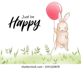 Paper Craft Of Water Color Rabbit With Balloon Greeting Card, Vector Art And Illustration.