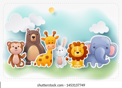 Paper craft of water color zoo animals greeting card, vector art and illustration.