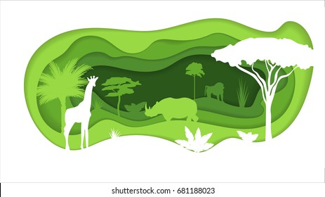 Paper Crafted Cutout World. Concept of tropical forest Jungle. Vector illustration.