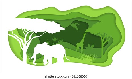 Paper Crafted Cutout World. Concept of tropical rain forest Jungle. Vector illustration.