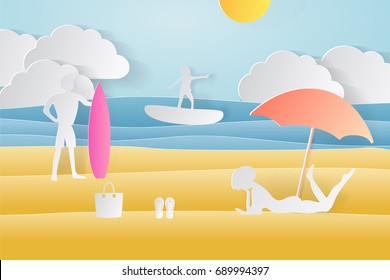 Paper Crafted Cutout World. Concept of summer time, surf board and sea or ocean. Vector illustration.