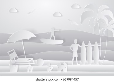 Paper Crafted Cutout World. Concept of summer time, surf board and sea or ocean. Vector illustration.