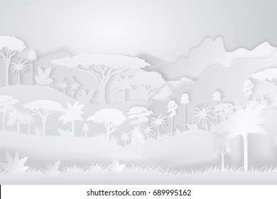 Paper Crafted Cutout World. Concept of tropical rain forest Jungle. Vector illustration.