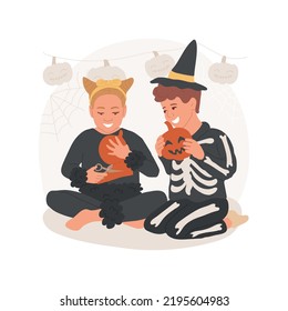Papierhandwerk einzeln Cartoon Vektorgrafik. Junge und Mädchen in festlichen Kostümen, die Kunsthandwerk machen und Spaß haben, Feiertagsvorbereitung, Erstellung von Papierdekorationen für Halloween-Vektorgrafik.