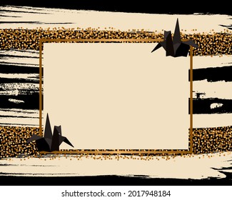 Grúa de papel y fondo de brillo dorado