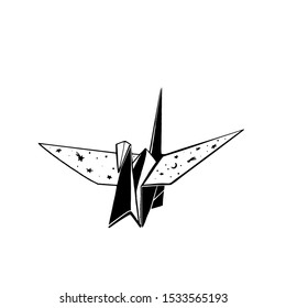 Paper crane origami craft figure. Ink drawing with hand drawn stars sky. Monochrome tattoo design, modern elelment for cards, printed t-shirt.