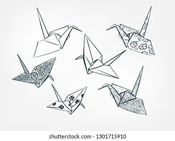 paper crane set collection japanese chinese oriental vector ink style design elements illustration