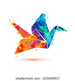 Paper crane of watercolor splash paint. Vector origami figurine