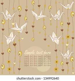 Paper cranes and beads on threads. Vector illustration