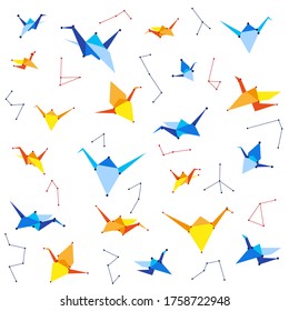 Paper cranes (blue, yellow) on white background with constellations . Seamless vector pattern. Origami bird figure.