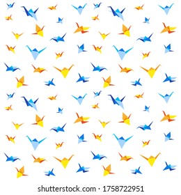 Paper cranes (blue, yellow) on white background. Seamless vector pattern. Origami bird figure.