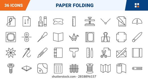 Paper creasing bookbinding tool line icon set covering bone, folder, crease, and scoring concepts, thin linear illustration.