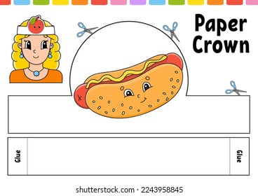 Paper crown template for kids. For games, pies, birthdays, holidays. With a cute cartoon character. Isolated on a white background. Suitable for printing. Vector illustration.
