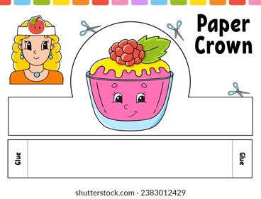 Plantilla de corona de papel para niños. Para juegos, pasteles, cumpleaños, vacaciones. Con un lindo personaje de dibujos animados. Aislado sobre un fondo blanco. Adecuado para imprimir. Ilustración vectorial.