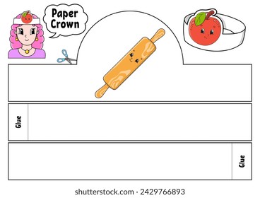 Paper crown template for kids. For games, pies, birthdays, holidays. With a cute cartoon character. Isolated on a white background. Suitable for printing. Vector illustration.