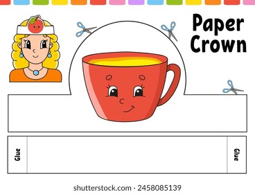 Paper crown template for kids. For games, pies, birthdays, holidays. With a cute cartoon character. Isolated on a white background. Suitable for printing. Vector illustration.