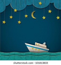 Paper cruise liner at night. Creative vector eps 10