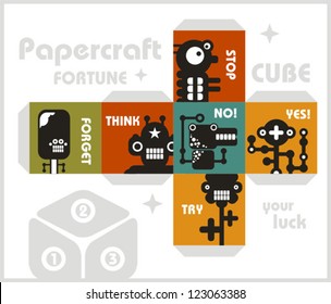 Paper cube with monsters for luck. Papercraft, vector in retro style.