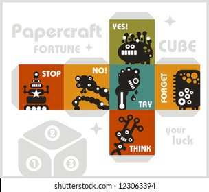 Paper cube with monsters for luck. Papercraft, vector in retro style.