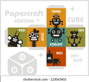 Paper cube with monsters for luck. Papercraft, vector in retro style.