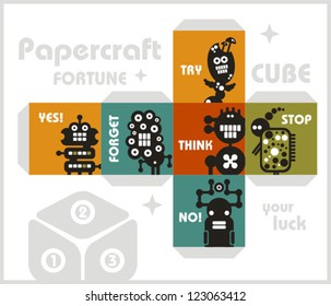 Paper cube with monsters for luck. Papercraft, vector in retro style.