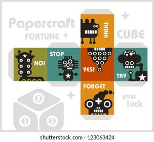 Paper cube with monsters for luck. Papercraft, vector in retro style.