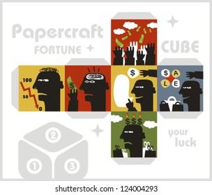 Paper cube with monsters for luck. Papercraft in vector.
