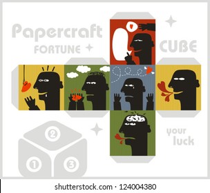 Paper cube with monsters for luck. Papercraft in vector.