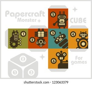 Paper cube with monsters for table games. Papercraft, vector in retro style.