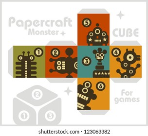 Paper cube with monsters for table games. Papercraft, vector in retro style.