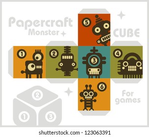 Paper cube with monsters for table games. Papercraft, vector in retro style.