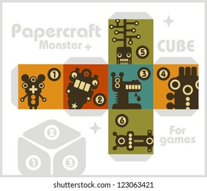 Paper cube with monsters for table games. Papercraft, vector in retro style.