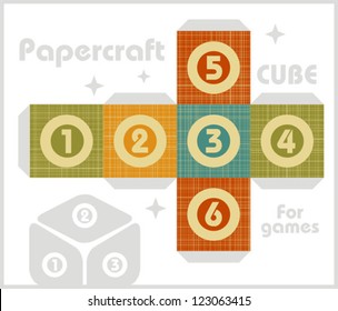 Paper cube for table games in retro style. Papercraft in vector.
