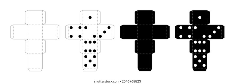 Paper cube template to make box vector illustration set. White and black printable schemes to cut dice with blank edges and edges with number dots for board game isolated on transparent background.