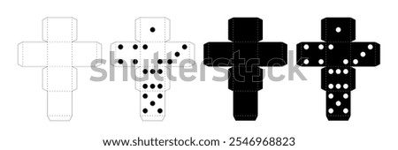 Paper cube template to make box vector illustration set. White and black printable schemes to cut dice with blank edges and edges with number dots for board game isolated on transparent background.