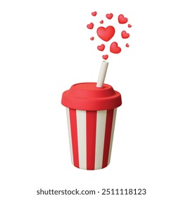 Paper cup 3d icon. Fast food restaurant mug with drinking straw and cap. Isolated realistic drinks with flying hearts, likes lemonade and soda vector concept