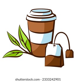 Paper cup and bag with black tea. Illustration of traditional drink.