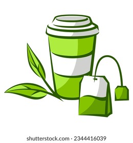 Paper cup and bag with green tea. Illustration of traditional drink.